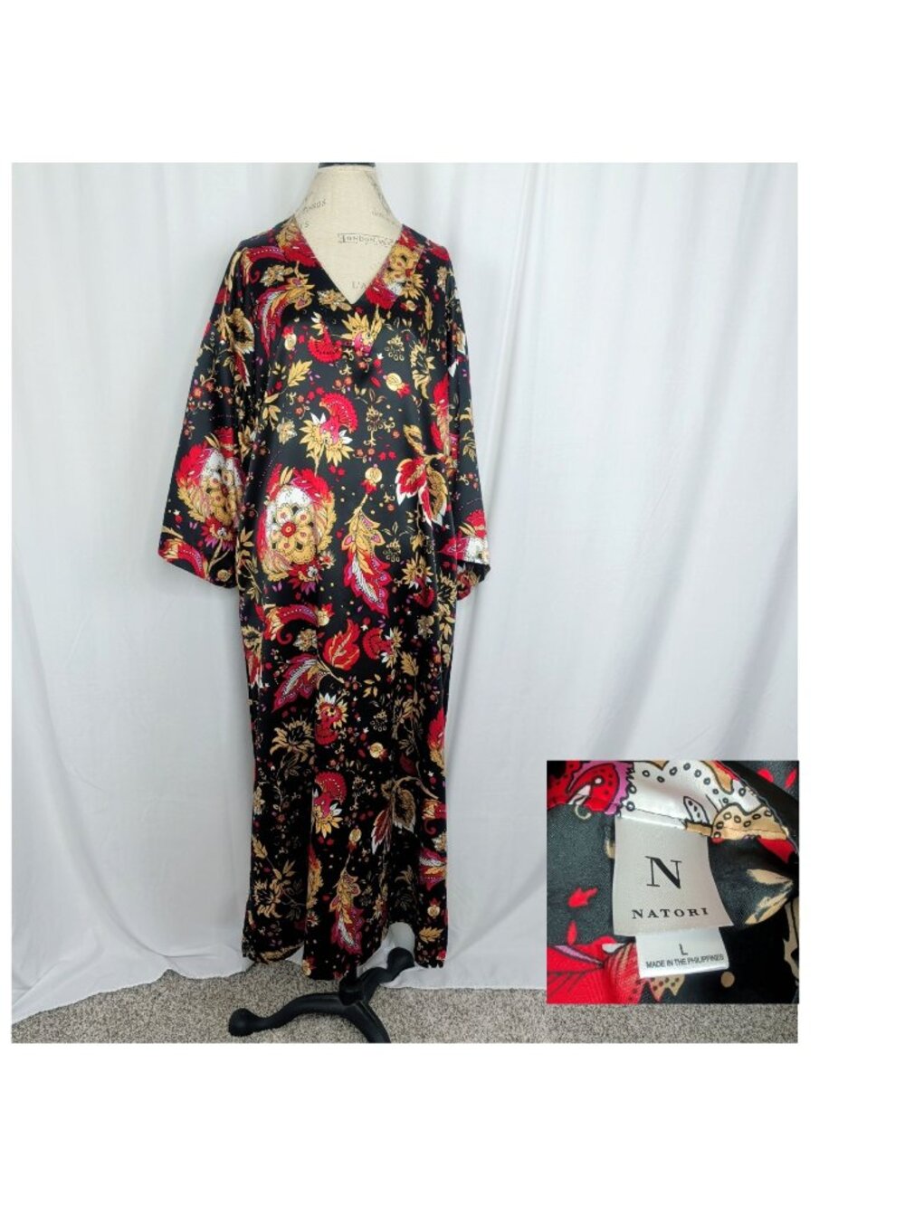 Natori Black Caftan Large Long Floral Paisley Satin Kimono Sleeve